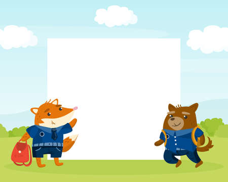 Blank Square Space with Funny Animals in Blue School Uniform with School Back Vector Templateのイラスト素材