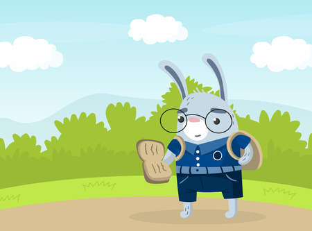 Funny Hare Animal in Blue School Uniform Walking with School Back and Reading Book Vector Illustrationのイラスト素材
