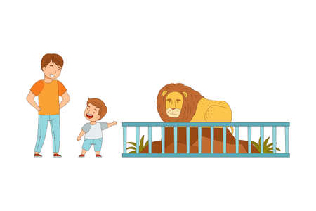 Man Dad with His Son Looking at Lion Sitting Behind Enclosure at Zoo Vector Illustrationのイラスト素材