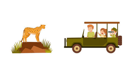 Man with Little Kids Driving Car Along Safari Area Watching Cheetah Animal Vector Illustrationのイラスト素材