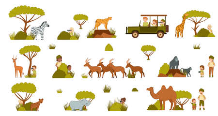 Parent and Kid Travelers Visiting Tropical National Park Watching Wild Animals Vector Setのイラスト素材