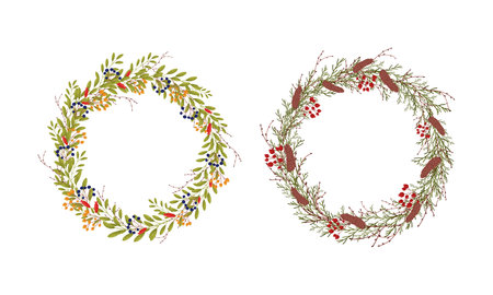 Wreath of leaves and berries set. Beautiful rustic round wreaths made of branches, autumn berries and cones. Invitation, greeting card, banner decor design vector illustrationのイラスト素材