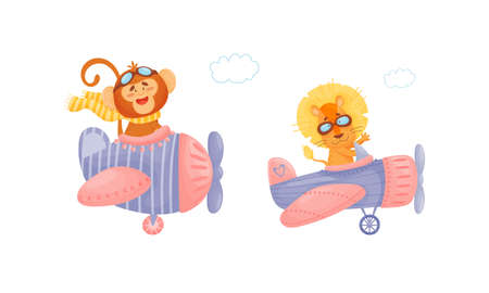 Cute baby animals pilots set. Funny monkey, lion pilot characters flying by airplane cartoon vector illustrationのイラスト素材