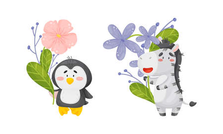 Adorable baby animals holding spring flower set. Lovely penguin, zebra standing with wild flowers cartoon vector illustrationのイラスト素材