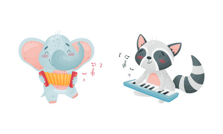 Adorable animals playing musical instruments set. Cute elephant, raccoon playing accordion, synthesizer cartoon vector illustrationのイラスト素材