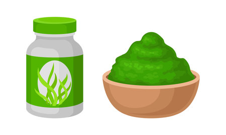 Spirulina dietary supplement. Powder of organic product in bowl and bottle vector illustrationのイラスト素材