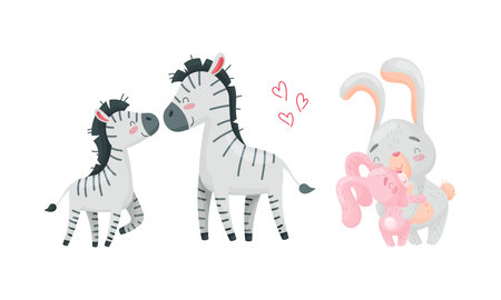 Mother and baby animals set. Zebra and rabbit moms hugging their kids cartoon vector illustrationのイラスト素材