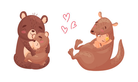 Mother and baby animals set. Capybara and bear moms hugging their kids cartoon vector illustrationのイラスト素材