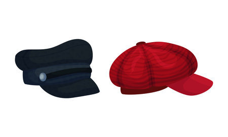 Set of headgear, black and red retro caps cartoon vector illustrationのイラスト素材