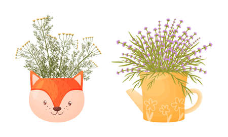 Garden potted herbs in pots of different shapes set. Ceramic flower pots in shape of fox and kettle vector illustrationのイラスト素材