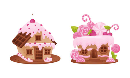 Cute sweet candy houses set. Lovely pink cottages made biscuits and candies cartoon vector...