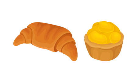 Baked products set. Sweet pastry croissant and muffin cartoon vector illustrationのイラスト素材