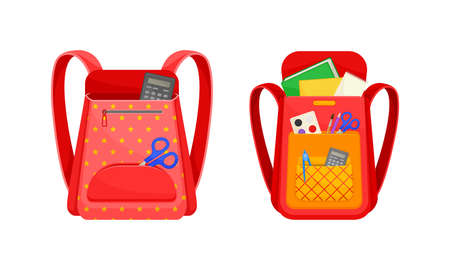 Backpacks full of stationery objects set. Red school bags. Back to school concept vector illustrationのイラスト素材