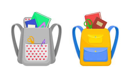 Backpacks set. School bags full of stationery supplies. Back to school concept vector illustrationのイラスト素材