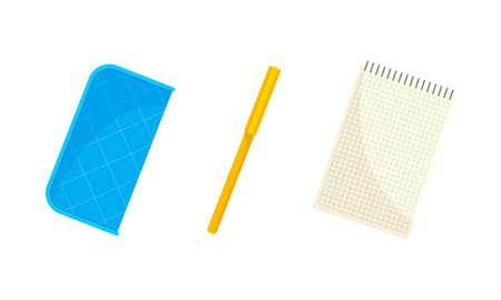 Stationery objects, school supplies set. Pencil case, pen, notepad vector illustrationのイラスト素材