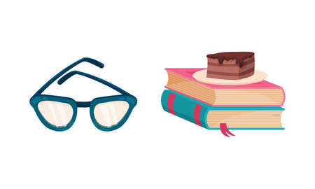 Stack of books, piece of cake and glasses cartoon vector illustrationのイラスト素材