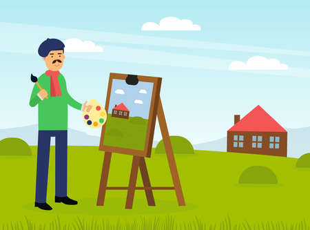 Mustached Man Artist in Beret Painting Outdoor Landscape with Drawing Easel Vector Illustrationのイラスト素材