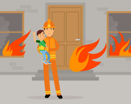 Firefighter in Orange Uniform and Protective Helmet Carrying Kid Away from Burning House Vector Illustration. Brave Rescuer or Fireman Doing His Job in Firefighting Extinguishing Fire Conceptのイラスト素材
