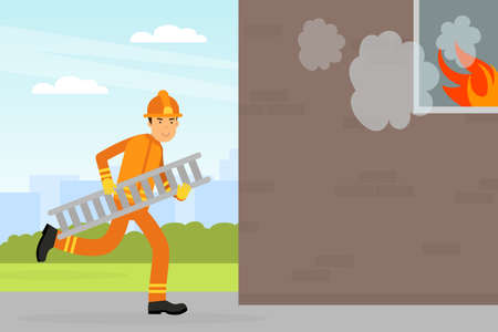 Firefighter in Orange Uniform and Protective Helmet Running with Ladder to Burning House Vector Illustrationのイラスト素材