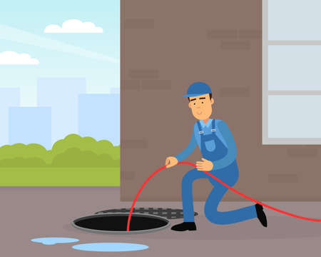 Man Plumber Wearing Blue Overall Holding Hosepipe Standing Near Manhole Engaged in Fixing Tubes and Pipe Lines Vector Illustrationのイラスト素材