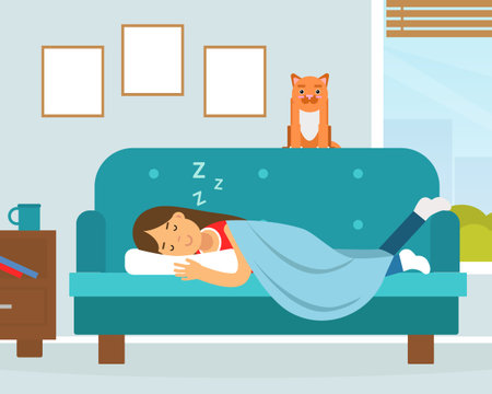 Woman Character Sleeping or Taking Nap Lying on Sofa Covered with Blanket Vector Illustration