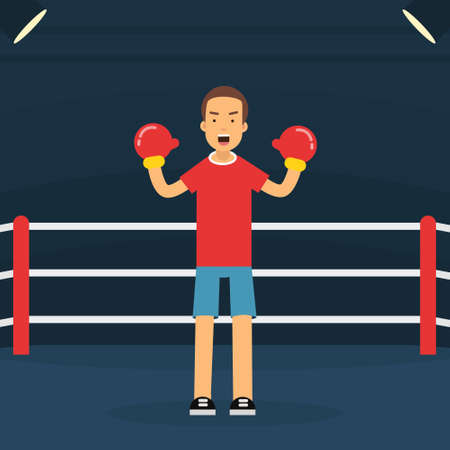 Young Man Character on Boxing Ring Doing Sport and Physical Exercise Vector Illustrationのイラスト素材