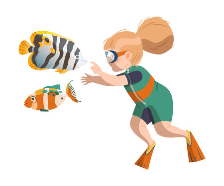 Happy Girl Character in Diving Dress and Goggles Floating Underwater with Fish Vector Illustrationのイラスト素材