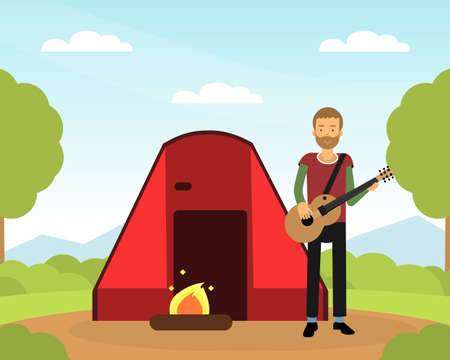 Bearded Man Tourist Character Tent and Campfire Playing Guitar Vector Illustrationのイラスト素材