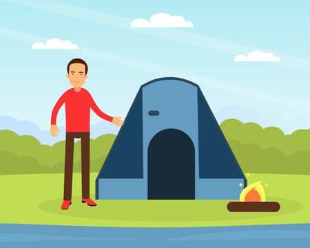 Man Tourist Character Near Tent and Campfire Vector Illustrationのイラスト素材