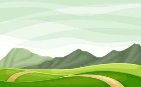 Wandering Road Going into the Distance Through Green Grassy Valley Vector Illustrationのイラスト素材