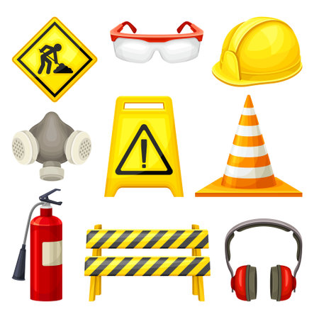 Safety Equipment with Hard Hat and Road Cone for Construction and Industrial Work Vector Setのイラスト素材