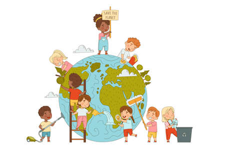 Little Kids Saving Planet Taking Care of Globe Rubbing It with Brush and Planting Trees Vector Illustrationのイラスト素材