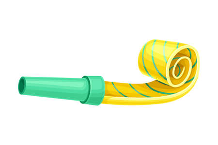 Yellow Party Whistle with Stripes as Birthday Toy and Accessory for Blowing and Making Sound Vector Illustrationのイラスト素材