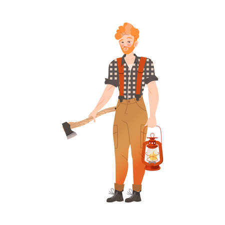 Redhead Bearded Woodman or Lumberman in Checkered Shirt and Sling Pants Standing with Ax and Lantern Vector Illustrationのイラスト素材