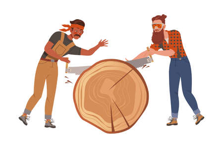 Woodman or Lumberman in Checkered Shirt Sawing Huge Tree Trunk with Saw Vector Illustrationのイラスト素材