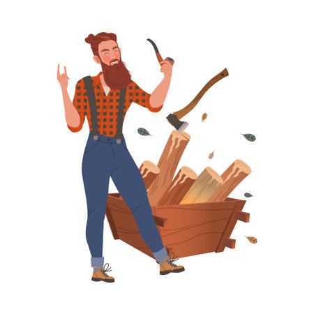 Bearded Woodman or Lumberman in Red Checkered Shirt and Sling Pants Standing with Smoking Pipe and Pile of Logs Nearby Vector Illustrationのイラスト素材
