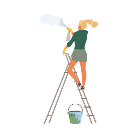 Young Woman Standing on Ladder Spraying Water Engaged in Planting and Gardening Saving Earth Taking Care of Nature and Environment Vector Illustrationのイラスト素材