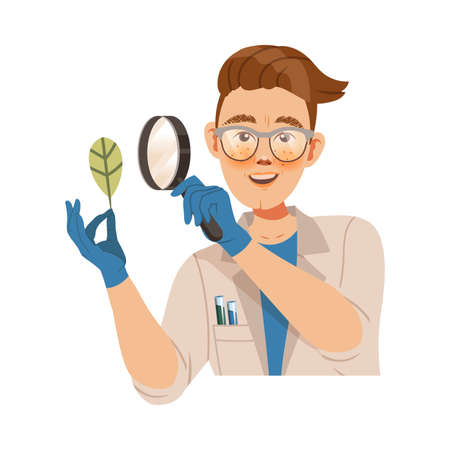 Young Man Scientist Watching Green Leaf Through Magnifying Glass Studying Biology and Vegetation Taking Care of Nature and Environment Vector Illustrationのイラスト素材