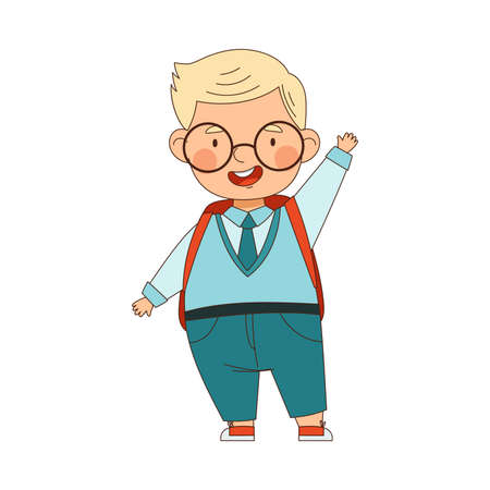 Back to School with Blond Boy in Blue Uniform with Backpack Waving Hand Vector Illustrationのイラスト素材