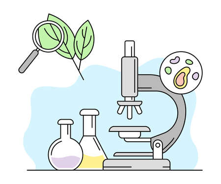 Biology Science and Study Knowledge with Microscope and Glass Flask Vector Line Illustrationのイラスト素材