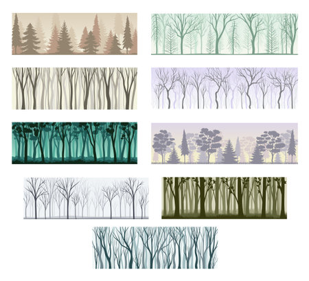 Tree Silhouette with Tall Trunk and Branched Top as Misty Forest Horizontal Backdrop Vector Setのイラスト素材