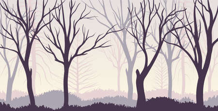 Bare Tree Silhouette with Tall Trunk and Branched Top as Misty Forest Horizontal Backdrop Vector Illustrationのイラスト素材