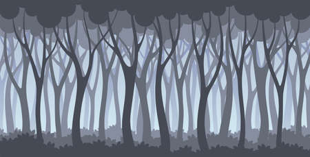 Tree Silhouette with Tall Trunk and Branched Top as Misty Forest Horizontal Backdrop Vector Illustrationのイラスト素材