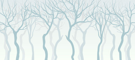Bare Tree Silhouette with Tall Trunk and Branched Top as Misty Forest Horizontal Backdrop Vector Illustrationのイラスト素材