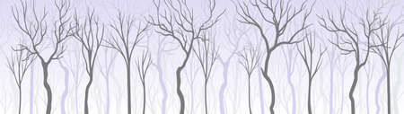 Bare Tree Silhouette with Tall Trunk and Branched Top as Misty Forest Horizontal Backdrop Vector Illustrationのイラスト素材