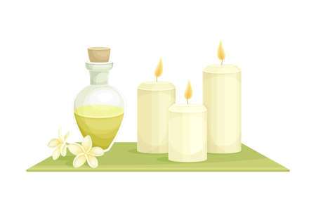 Spa and Aromatherapy with Burning Candle and Essential Oil Vector Compositionのイラスト素材
