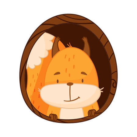 Funny Orange Squirrel Character with Bushy Tail Peeped Out from Tree Hollow Vector Illustrationのイラスト素材