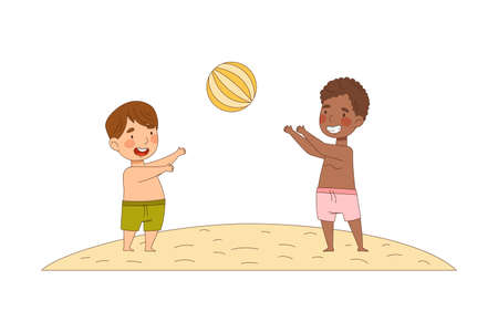Smiling Little Boy Enjoying Summer at Seaside Playing Ball on Beach Sand Vector Illustrationのイラスト素材