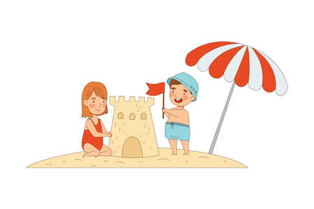 Smiling Little Boy and Girl Enjoying Summer Building Sand Castle on Beach Vector Illustrationのイラスト素材