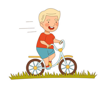 Smiling Little Boy Enjoying Summer Riding Bicycle Vector Illustrationのイラスト素材